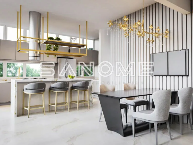 Cozinha e sala integradas com bancada e dining