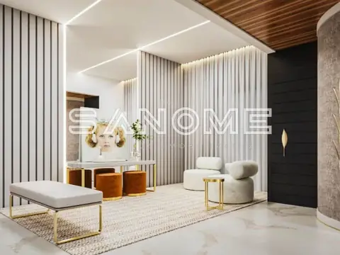 Sala de estar com poltrona, banqueta e espelho iluminado