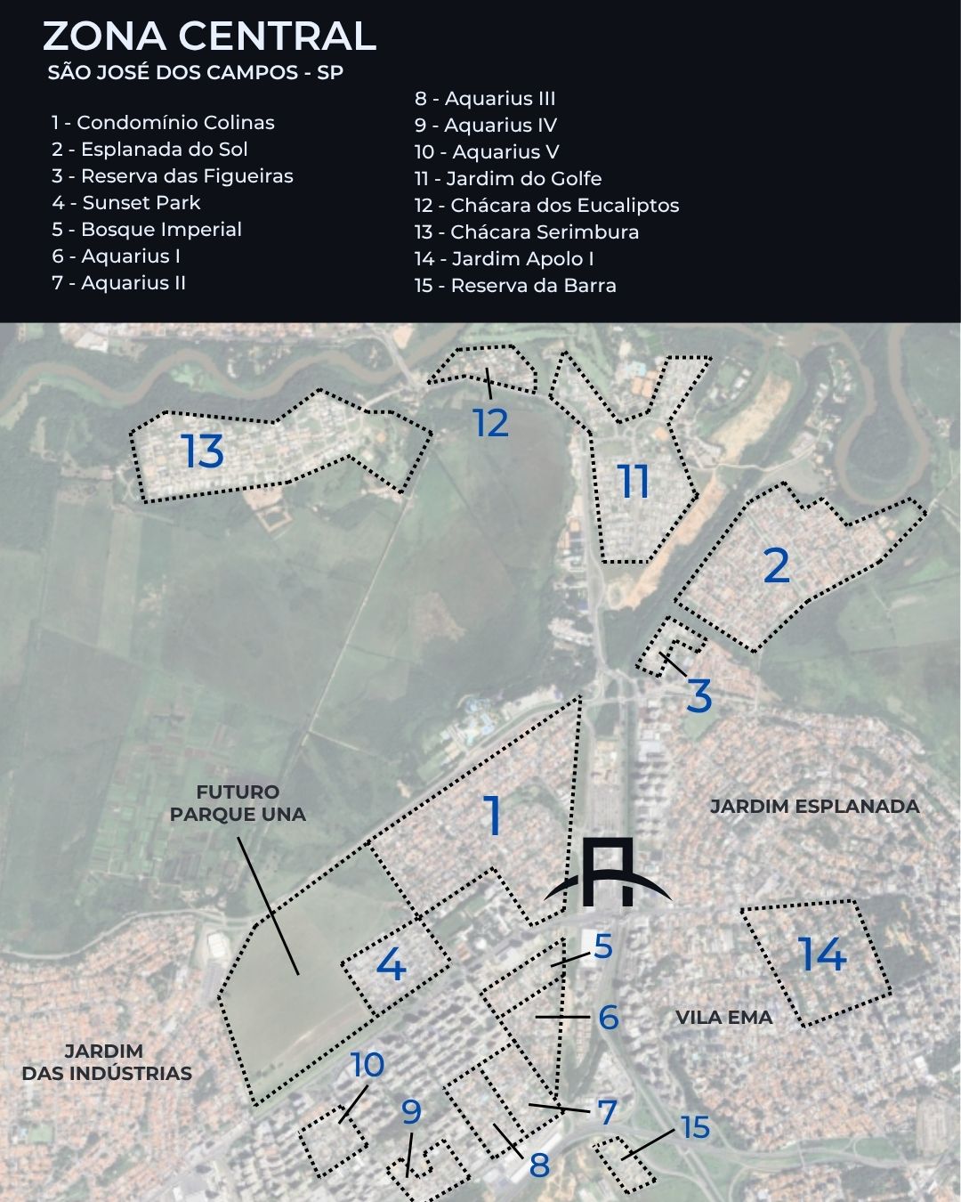 Mapa dos condomínios da Zona Central de São José dos Campos