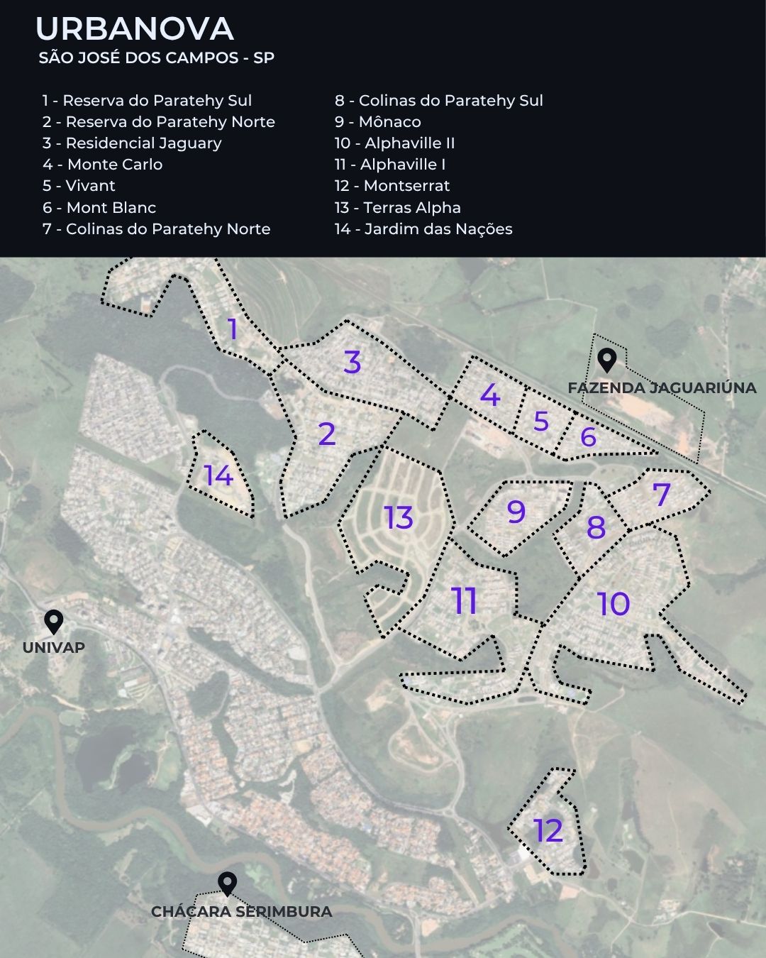 Mapa complementar dos condomínios de Urbanova em São José dos Campos
